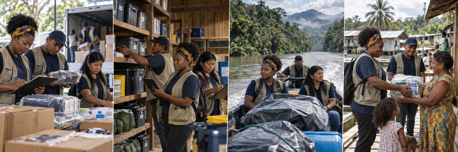 Secuencia ilustrativa de recepción, inventario, transporte y entrega de donaciones en el Chocó